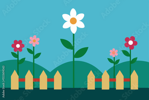 Vibrant Garden Scene Blooming Flowers and Wooden Fence Illustration
