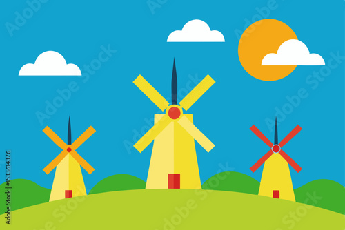 Green energy landscape: wind turbines and windmills dotting a summer field under a blue sky