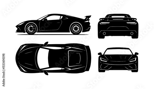Elegant Black Sports Car: Multiple Views - Side, Top, Front, Back