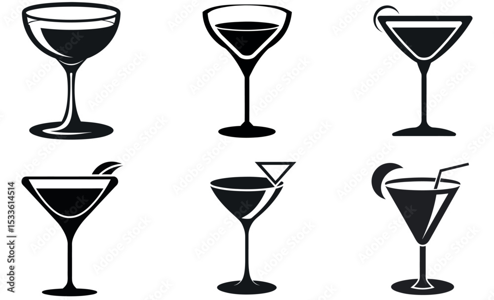 Black and White Graphics of Assorted Cocktail Glasses with Garnishes and Straws Design