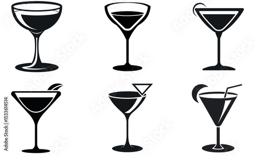 Black and White Graphics of Assorted Cocktail Glasses with Garnishes and Straws Design
