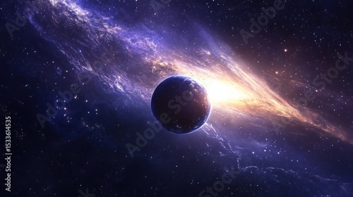 Dark planet near bright nebula in space