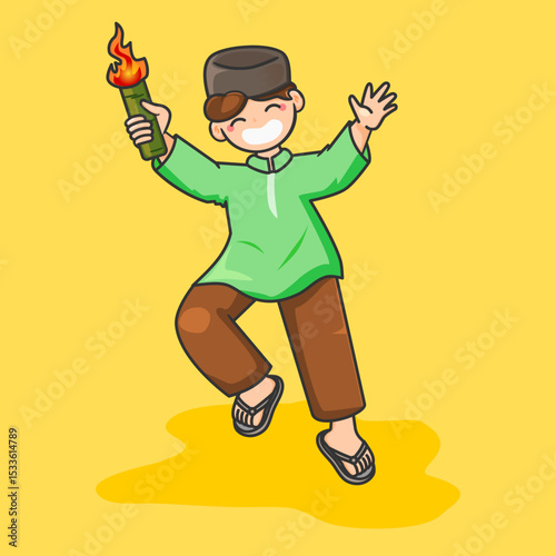 Cartoon flat illustration of cheerful Muslim boy holding torch on Islamic celebration
