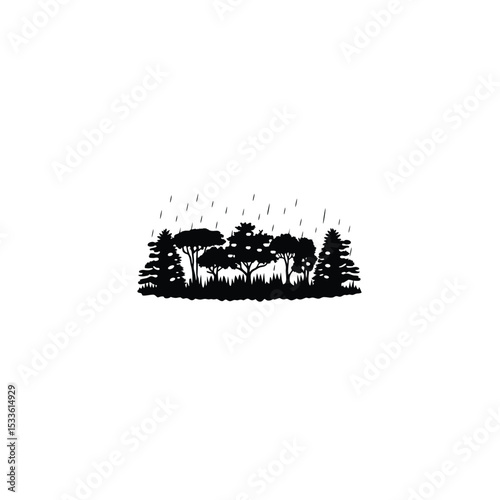 silhouette of a lush tropical forest in monsoon on white background