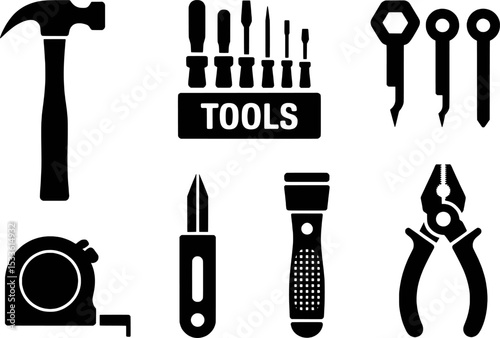 Variety of Carpentry Hand Tools Black Silhouettes Toolkit Equipment Set Black Isolated on White Background Construction and Renovation Carpentry Woodwork Repairing DIY Projects Useful Essentials