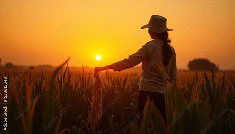 Fototapeta premium Silhouette of a farmer in a field at sunset holding a crop of wheat
