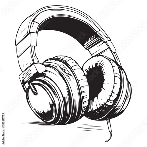 headphones silhouette vector illustration, Black and White Headphones Illustration