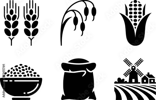 Harvest Bounty A Symbolic Collection of Agricultural Products and Rural Landscape Depicting Farming and Natural Resources Showcasing Staple Foods and Traditional Methods of Crop Processing