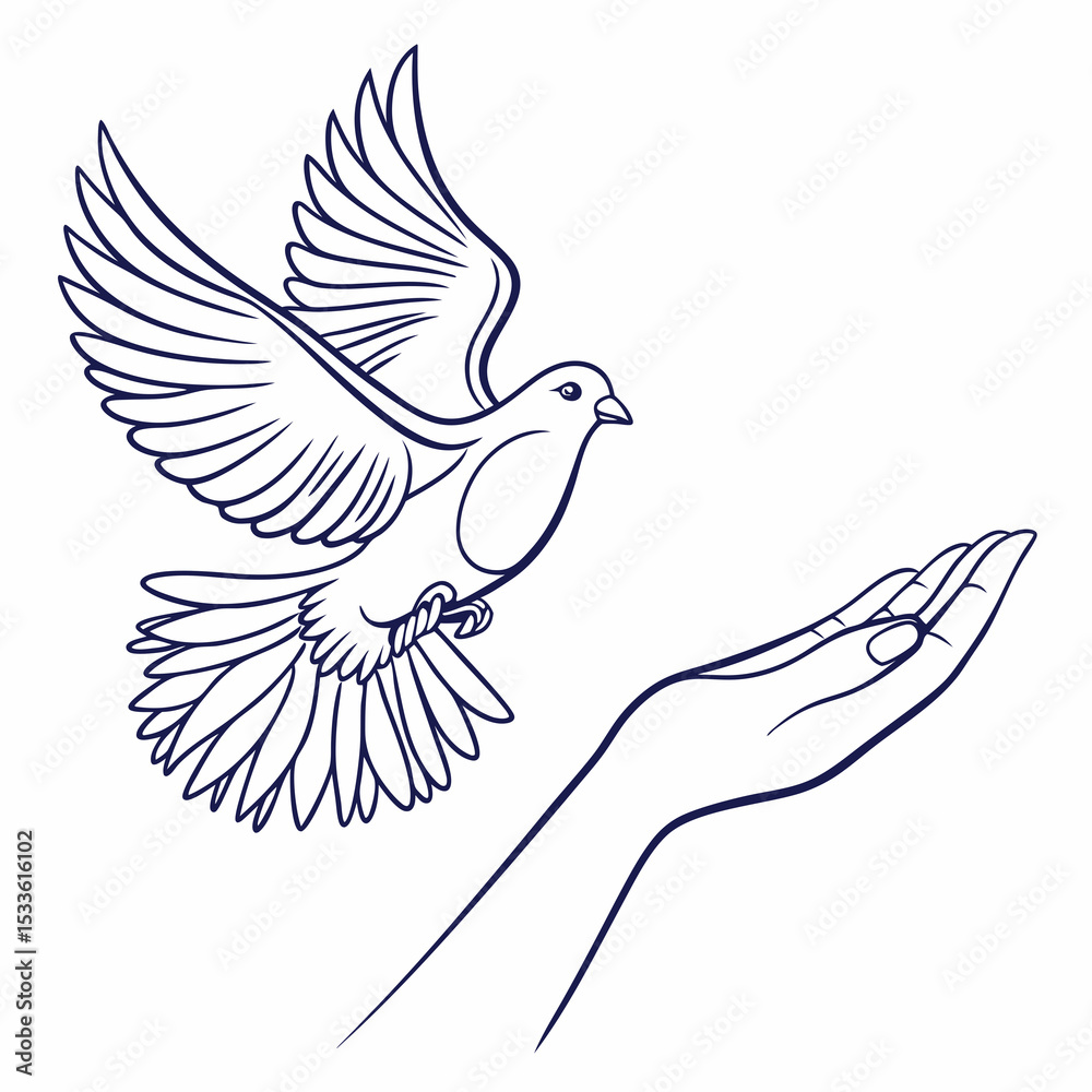 Fototapeta premium Hand releasing a flying dove in outline illustration 