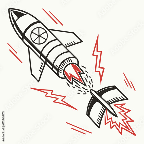 Retro rocket launching with red flames and action lines  