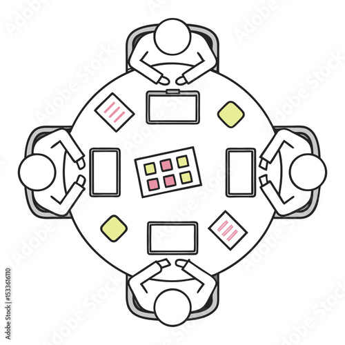 Top View of Team Meeting Around Circular Table with Devices and Documents Vector