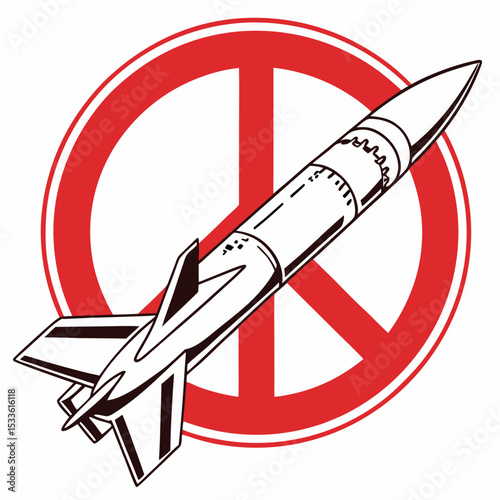 Missile illustration with peace symbol background in bold design  