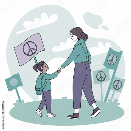 Woman holding hands with child while participating in peace rally  