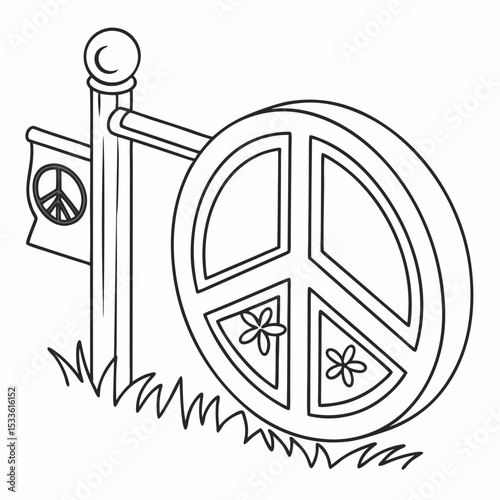 Peace sign and flag in grass with simple outline design  
