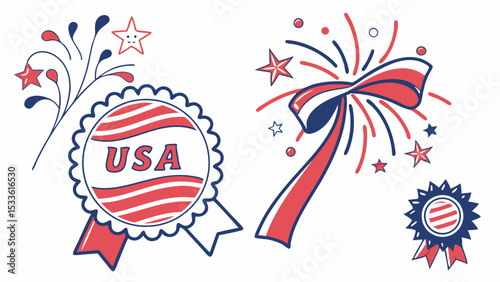 Illustration of patriotic badges with usa text stars and fireworks in red white and blue colors theme