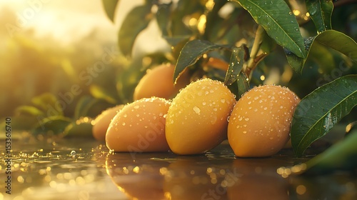 A group of ripe marian plums with water droplets on them and green leaves in a bright setting