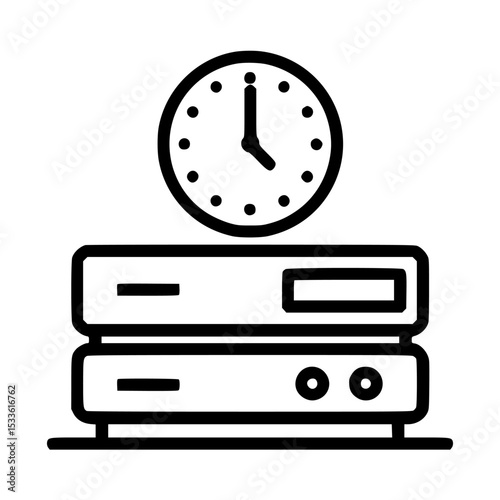 A simple graphic of a clock positioned above a stack of computer hard drives, suggesting data storage and time management.