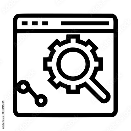 Icon depicting website optimization with gear, magnifying glass, and data analysis.