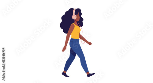 Flat vector of young woman walking with headphones
