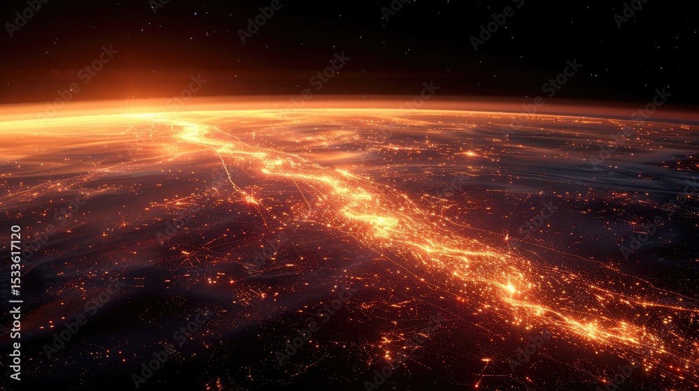 Fototapeta premium Multiple Bengal lights placed on the ground, creating a line of intense spark trails under a black sky 