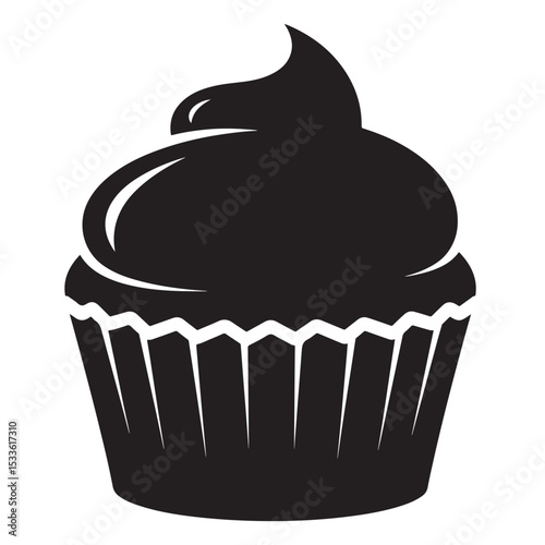 Flat black vector silhouette of a cupcake with frosting and paper wrapper, front-facing minimal shape for dessert or bakery concept