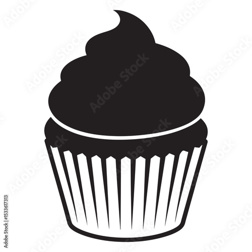 Flat black vector silhouette of a cupcake with frosting and paper wrapper, front-facing minimal shape for dessert or bakery concept