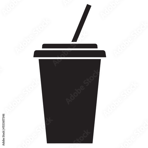 Flat black vector silhouette of a soda cup with lid and straw, front-facing minimal design for drink, beverage, or refreshment icon