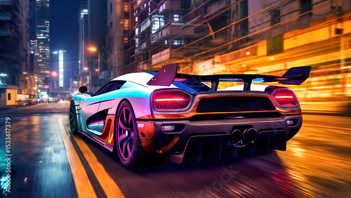 Futuristic Neon Sports Car Racing at Night in Urban Cityscape