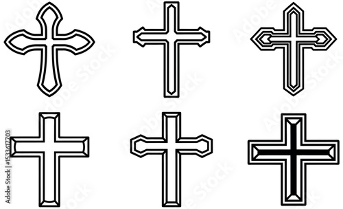 Six Stylized Christian Cross Variations in Black Outline on White Background Illustration