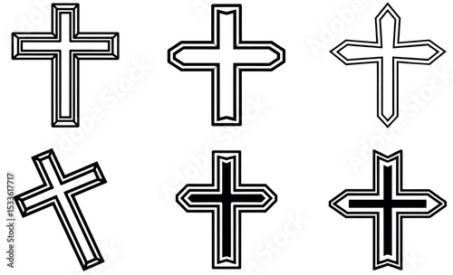 Variety of Six Outlined Christian Cross Symbols in Different Styles on a White Background