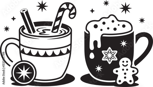 Black and white vector of holiday eggnog in mug with cinnamon stick and festive stars, alongside gingerbread latte with foam and cookie, warm cozy winter drinks