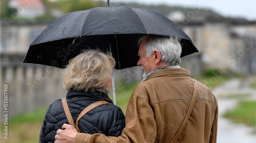 Older couple under umbrella