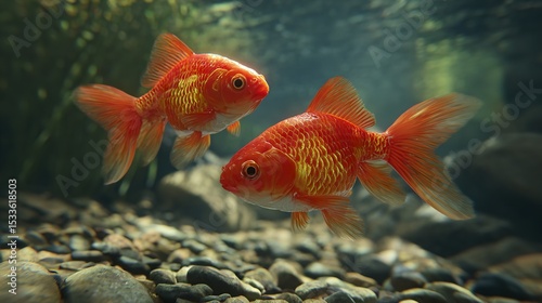 Two Vibrant Goldfish Swimming Together in a Clear Underwater Scene.

