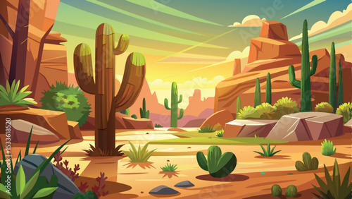 Cartoon desert landscape illustration with cacti and sandstone rock formations