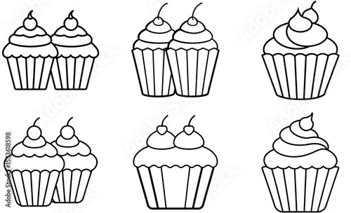 Outlined Cupcake Illustrations Featuring Cherries, Swirls, and Multiple Sweet Bakery Dessert Designs