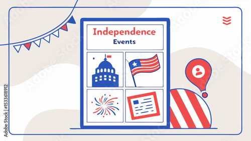 Independence day events displayed on a tablet with patriotic decorations and american themed elements around it
