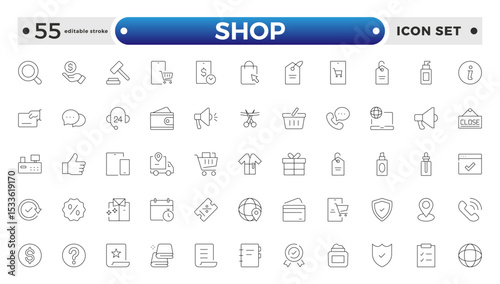 Shopping and Shop outline icon set. Online shopping, store, delivery, promotion and shopping cart symbol. Editable stroke outline icon.
