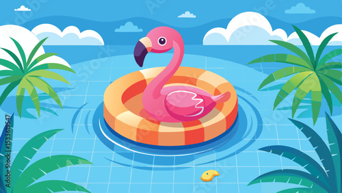 Cartoon illustration of a pink flamingo inflatable floating in a swimming pool