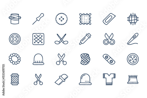 Knitting, Crocheting and Sewing Icon Set. Collection of Line Art Icons Including Yarn, Needles, Scissors, Sweaters, Buttons, and More  Elements Vector Illustration on White Background