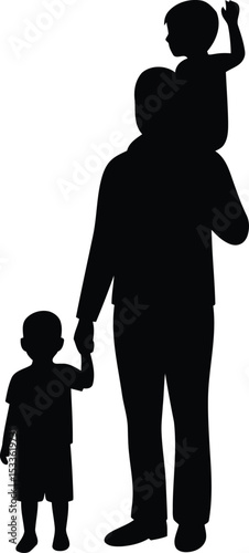Silhouette of a Father and Children: A touching monochrome silhouette portrays a father's loving embrace as he carries his child on his shoulders while holding the hand of another.