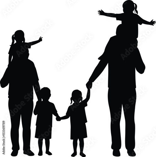 Joyful silhouettes: An embrace of love and play in a silhouette capturing two children perched on their parents' shoulders, creating an image of happiness and family bonding. 