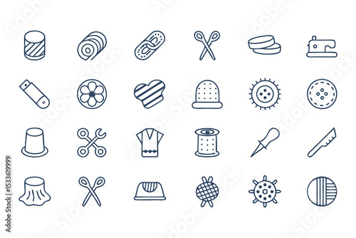 Knitting, Crocheting and Sewing Icon Set. Collection of Line Art Icons Including Yarn, Needles, Scissors, Sweaters, Buttons, and More  Elements Vector Illustration on White Background