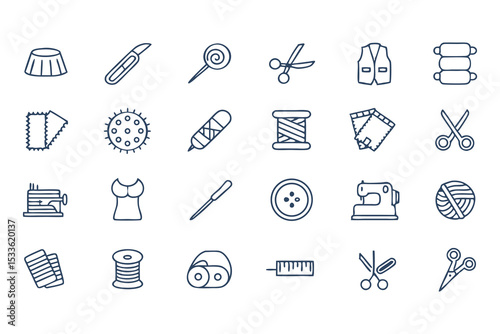 Knitting, Crocheting and Sewing Icon Set. Collection of Line Art Icons Including Yarn, Needles, Scissors, Sweaters, Buttons, and More  Elements Vector Illustration on White Background