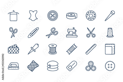 Knitting, Crocheting and Sewing Icon Set. Collection of Line Art Icons Including Yarn, Needles, Scissors, Sweaters, Buttons, and More  Elements Vector Illustration on White Background