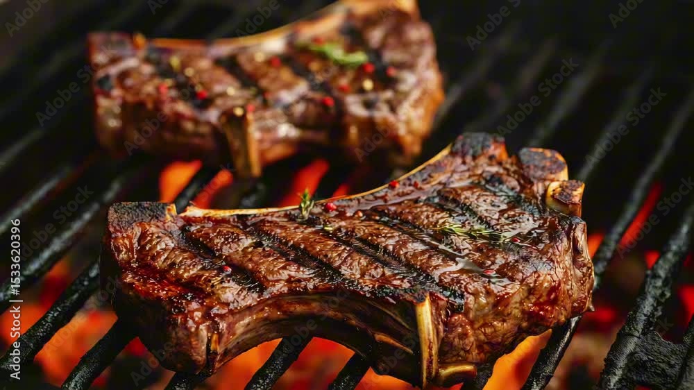 Two pieces of t-bone steak are on a grill, with one piece being cooked on the side and the other piece being cooked on the other side. The steak is brown and juicy, and the grill marks are visible