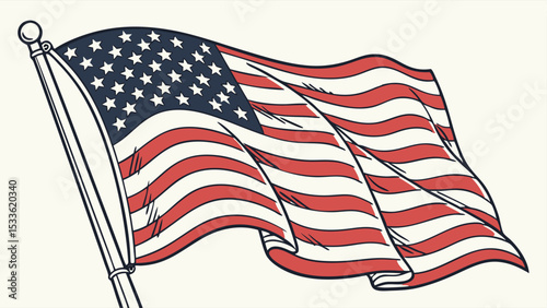 Illustration of a waving american flag with stars and stripes on a pole against a light background