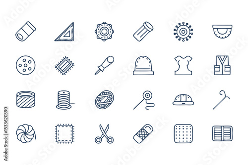 Knitting, Crocheting and Sewing Icon Set. Collection of Line Art Icons Including Yarn, Needles, Scissors, Sweaters, Buttons, and More  Elements Vector Illustration on White Background