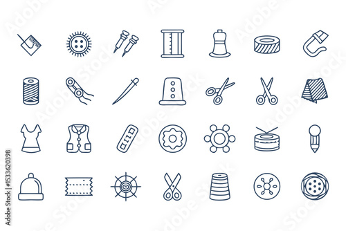 Knitting, Crocheting and Sewing Icon Set. Collection of Line Art Icons Including Yarn, Needles, Scissors, Sweaters, Buttons, and More  Elements Vector Illustration on White Background