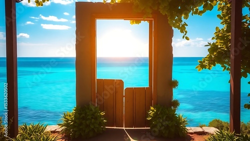 Wallpaper Mural Ocean view through wooden gate frame Torontodigital.ca