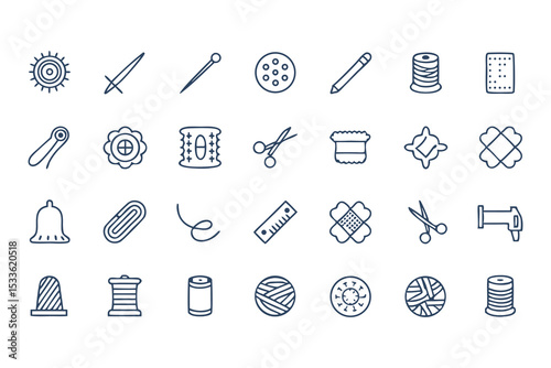 Knitting, Crocheting and Sewing Icon Set. Collection of Line Art Icons Including Yarn, Needles, Scissors, Sweaters, Buttons, and More  Elements Vector Illustration on White Background